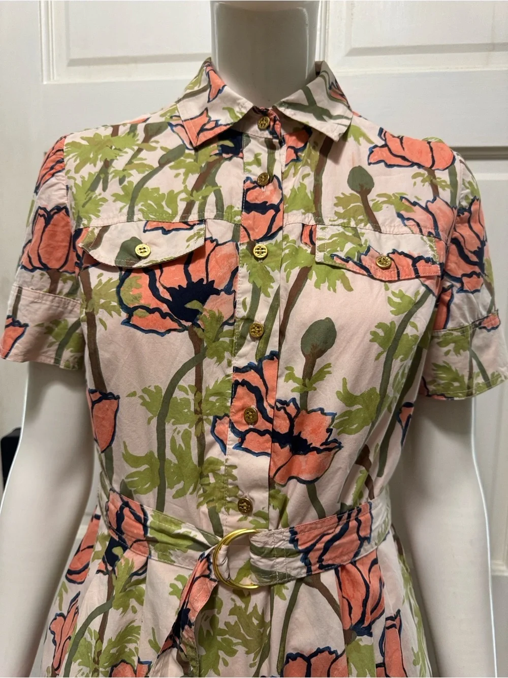 Tory Burch Cream Floral Shirt Dress with Pink and Green Accents Size 2